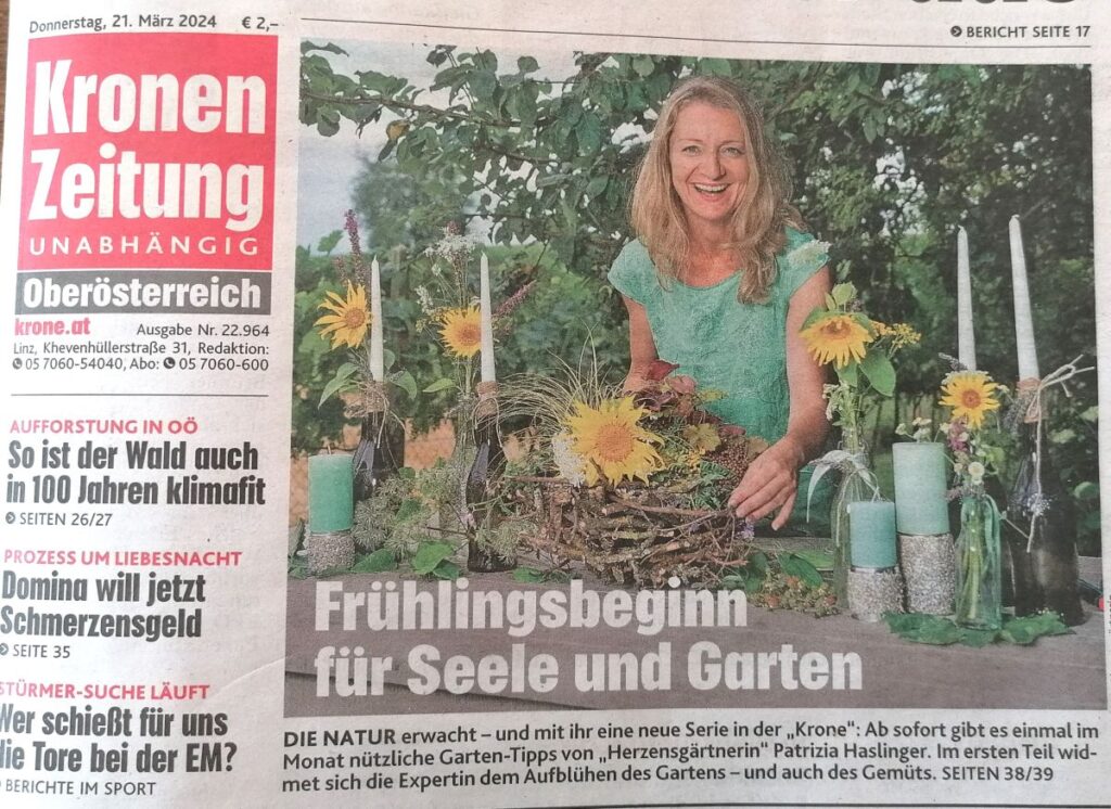 Kronenzeitung Artikel 3 2024 – Patrizia Haslinger (2) Titelbild Kronzenzeitung Märzausgabe mit Patrizia Haslinger-Die Herzensgärtnerin