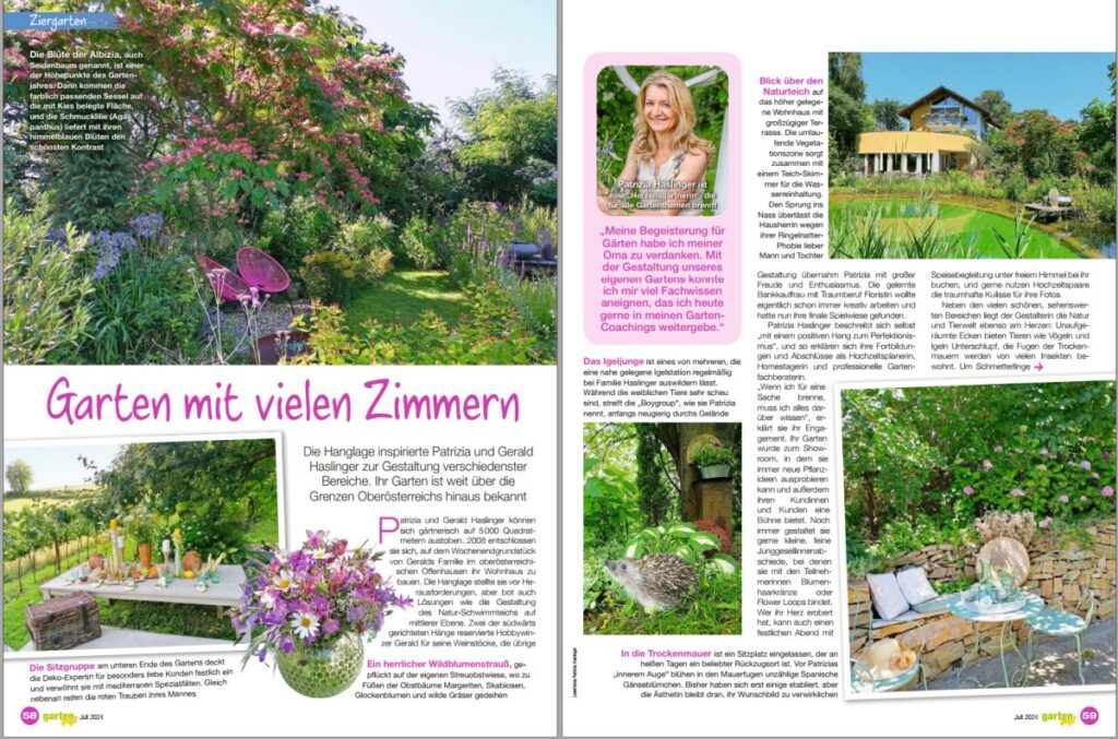 Reportage in Gartenspaß Ausgabe Juli 2024 Reportage in der Zeitschrift Gartenspaß Juli Ausgabe 2024-Die Herzensgärtnerin-Patrizia Haslinger-The Heartgardener-Gartendesignerin-Bloggerin-Gartentipps-Dekotipps