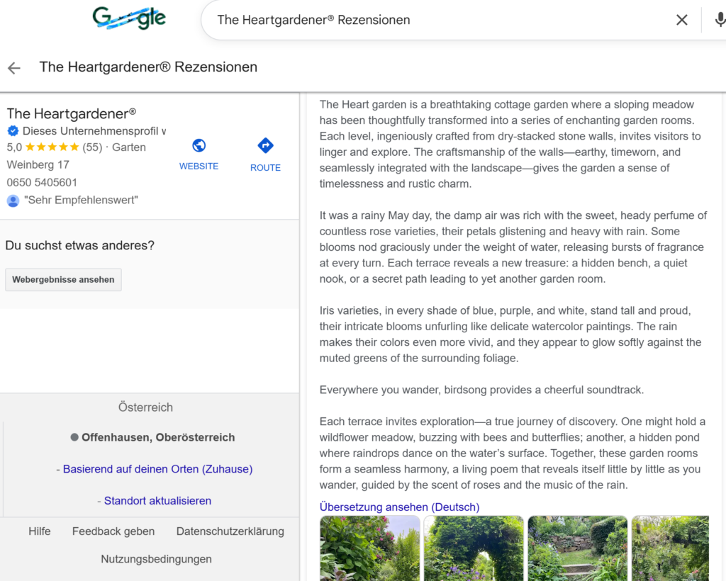 Google Rezensionen für Patrizia Haslinger Die Herzensgärtnerin | Schaugarten Feedback englisch