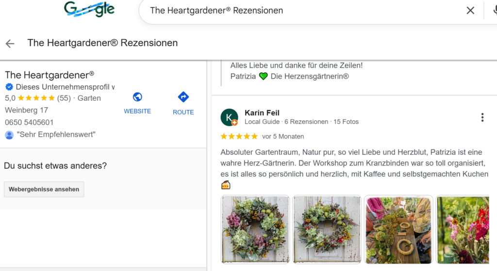 Google Rezensionen für Patrizia Haslinger Die Herzensgärtnerin von glücklichen KundInnen | Workshops