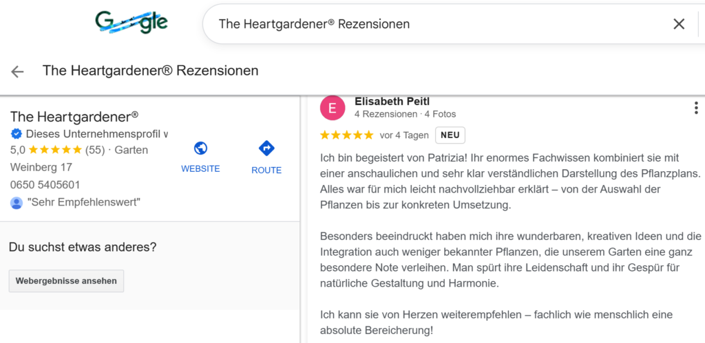 Google Rezensionen für Patrizia Haslinger Die Herzensgärtnerin von glücklichen KundInnen | Walk & Talk im Garten | Gartencoaching | Naturgartengestalterin