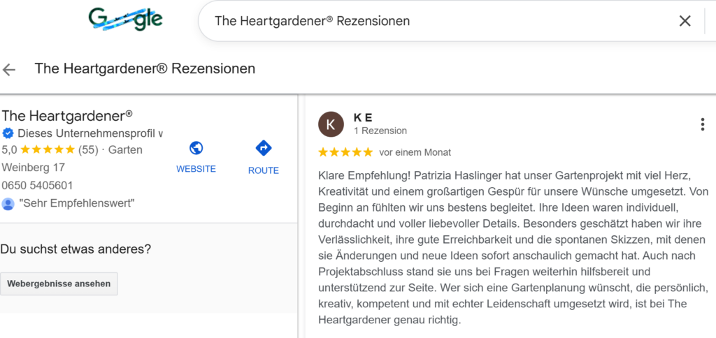Google Rezensionen für Patrizia Haslinger Die Herzensgärtnerin | Gartenplanung | Naturgartengestalterin