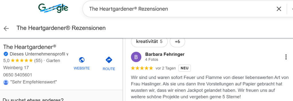 Google Rezensionen für Patrizia Haslinger Die Herzensgärtnerin von glücklichen KundInnen | Gartenplanung