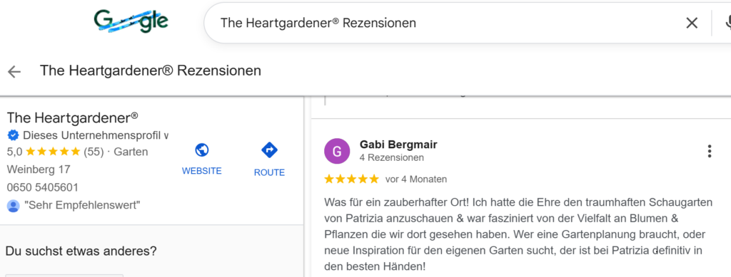 Google Rezensionen für Patrizia Haslinger Die Herzensgärtnerin von glücklichen KundInnen | Schaugarten | Gartenplanung | Naturgartengestalterin