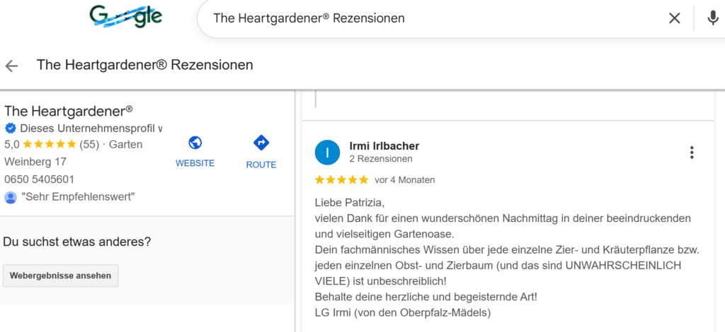 Google Rezensionen für Patrizia Haslinger Die Herzensgärtnerin von glücklichen KundInnen | Schaugarten