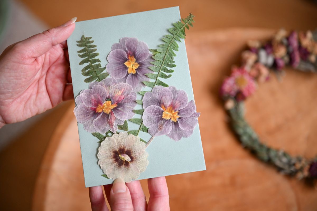 Valentinstagskarte mit gepressten Primelblüten in Soft Pink 2026 und Off White - Trendfarben 2026 | Valentinstag DIY Blog Die Herzensgärtnerin