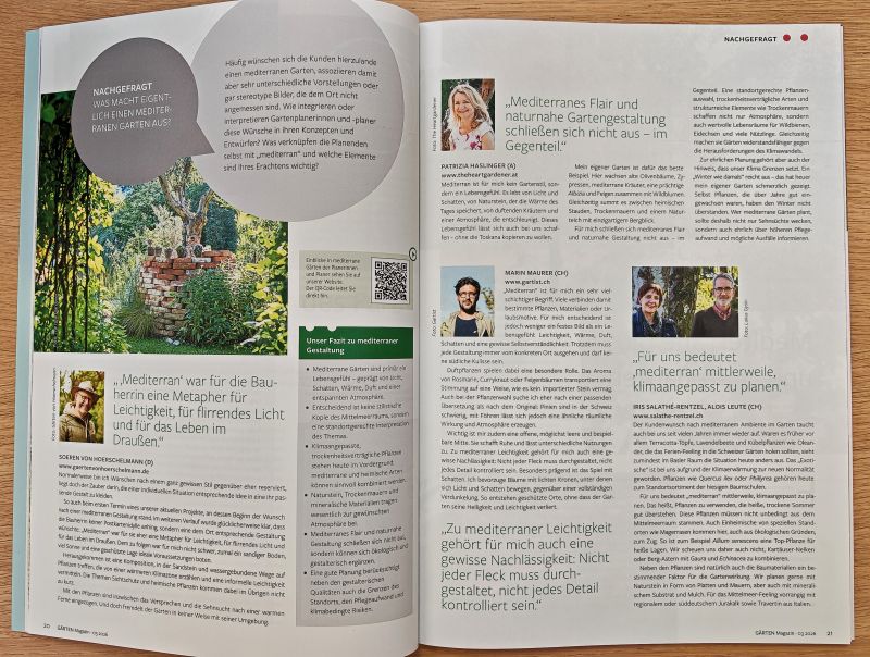 Fachbeitrag von Patrizia Haslinger über naturnahe mediterrane Gartengestaltung im Magazin GÄRTEN 03/2026